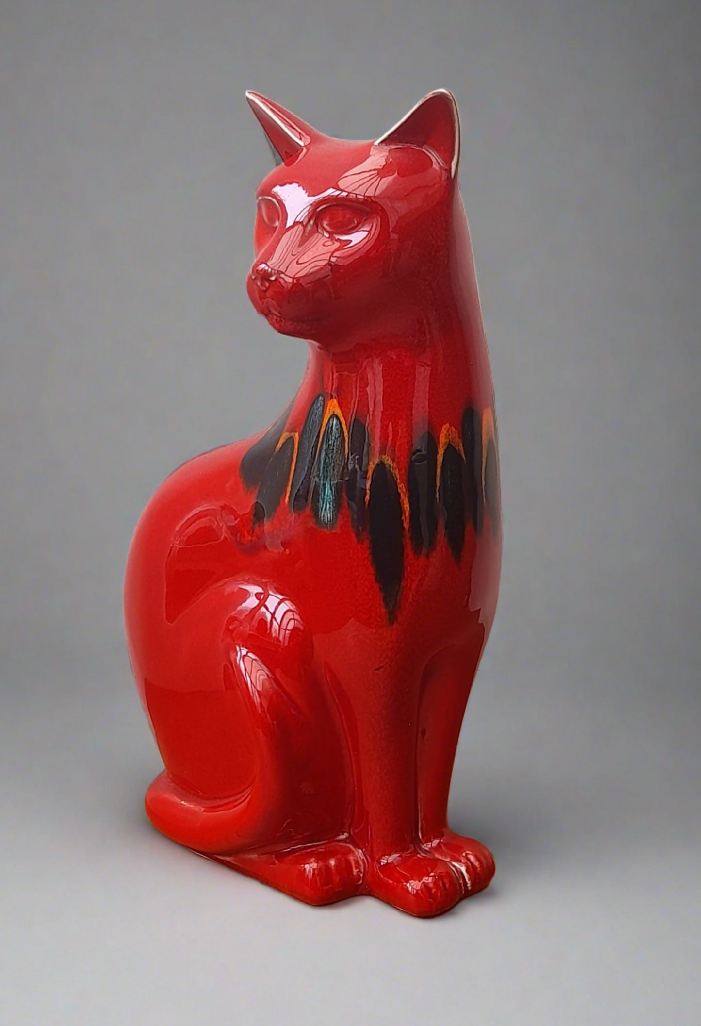 Stunning Poole Pottery Large Glazed Red Cat Figurine with neck decoration
