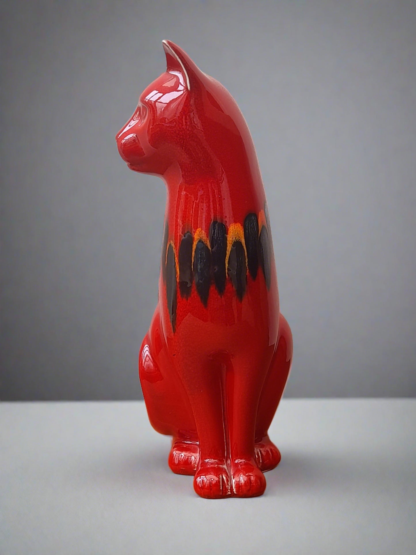 Stunning Poole Pottery Large Glazed Red Cat Figurine with neck decoration