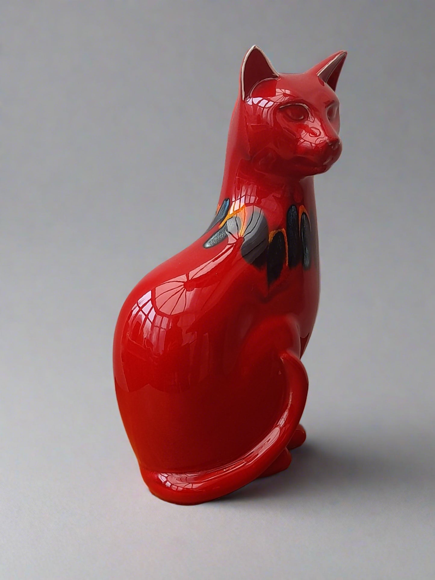 Stunning Poole Pottery Large Glazed Red Cat Figurine with neck decoration