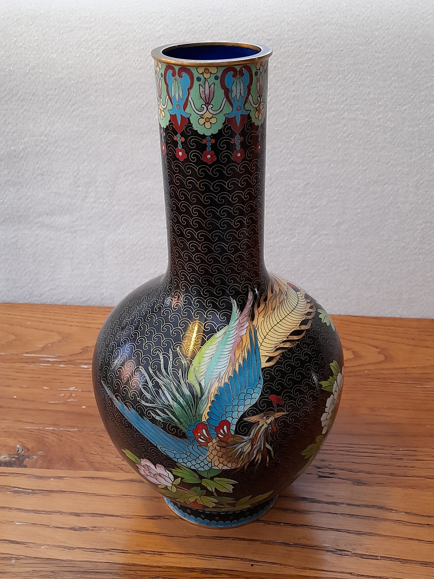 Stunning Large Chinese Cloisonné Vase - Black background with Bird of Paradise