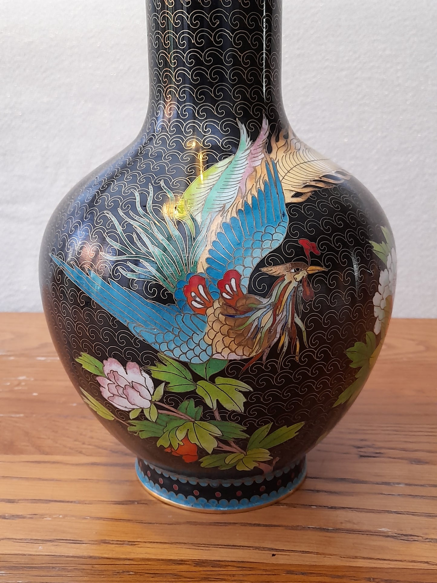 Stunning Large Chinese Cloisonné Vase - Black background with Bird of Paradise