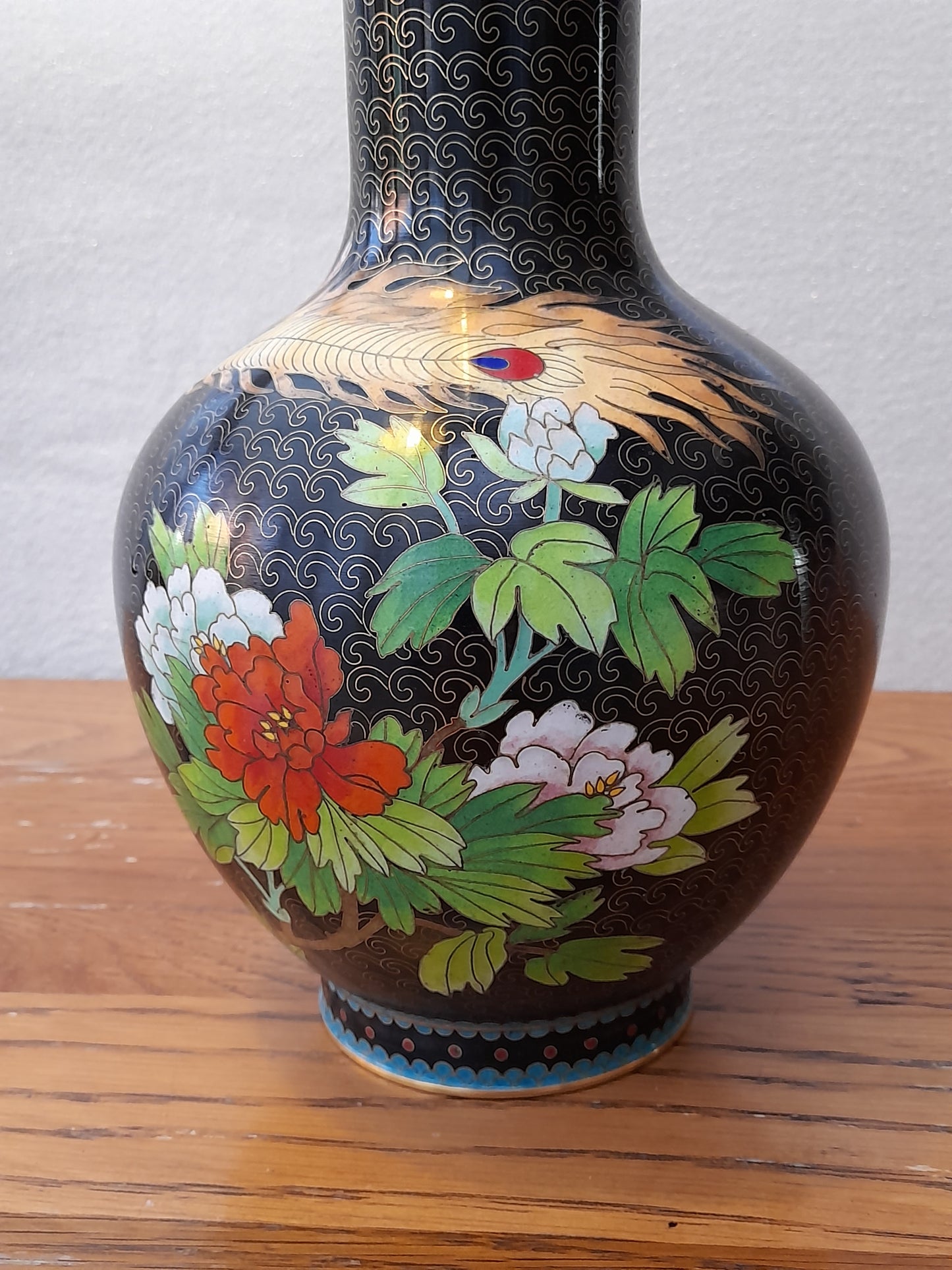 Stunning Large Chinese Cloisonné Vase - Black background with Bird of Paradise