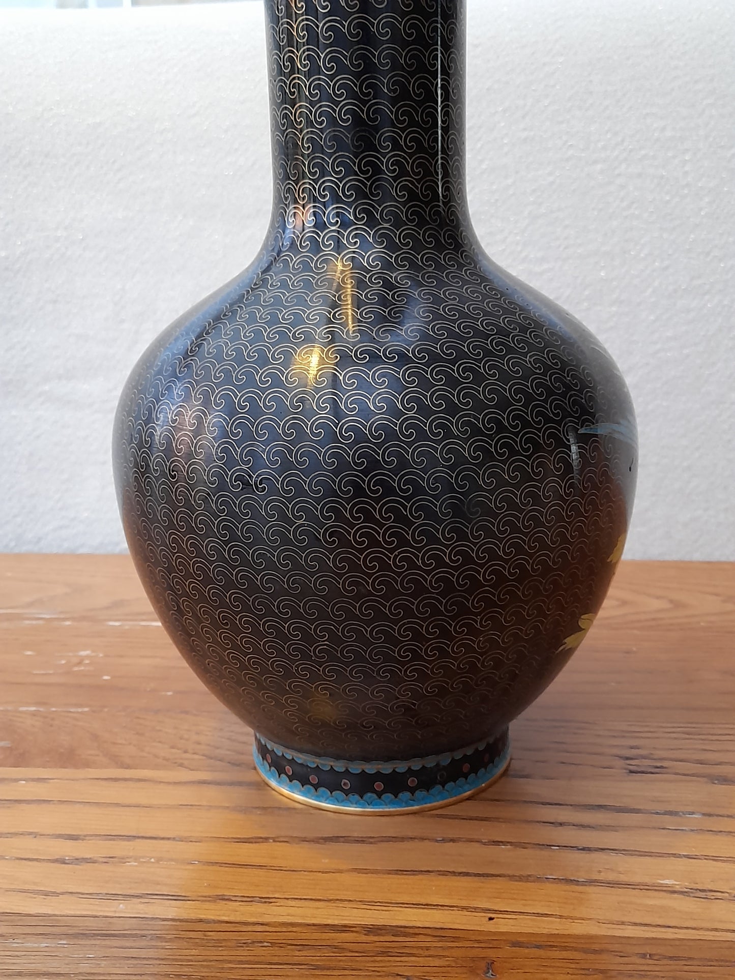 Stunning Large Chinese Cloisonné Vase - Black background with Bird of Paradise
