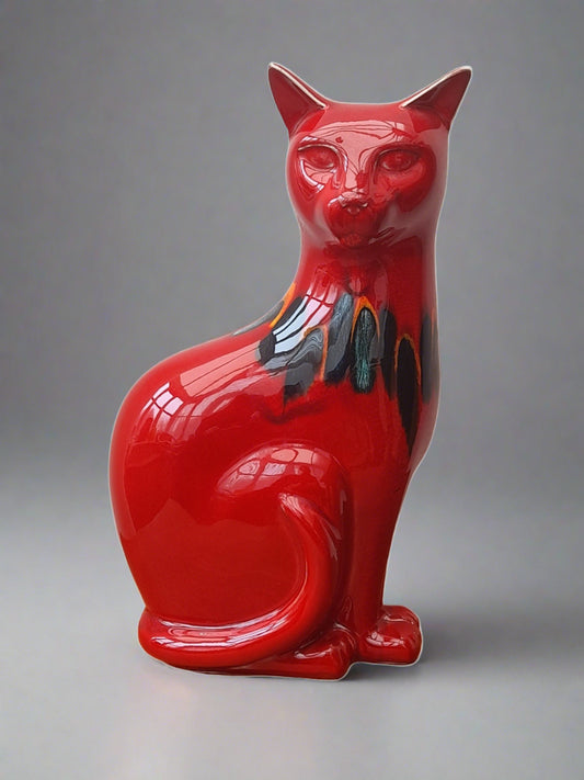 Stunning Poole Pottery Large Glazed Red Cat Figurine with neck decoration