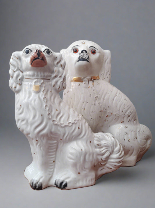 Two Beautiful Antique 19th Century Staffordshire Porcelain Dogs 13" & 12.25 "