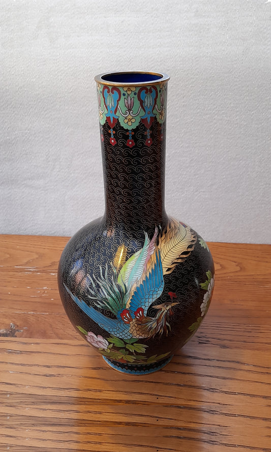 Stunning Large Chinese Cloisonné Vase - Black background with Bird of Paradise
